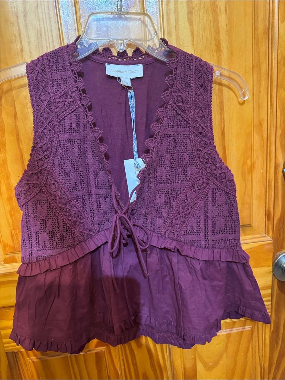 Jennifer Behr Plum Crochet Tie-Front Peplum Camisole